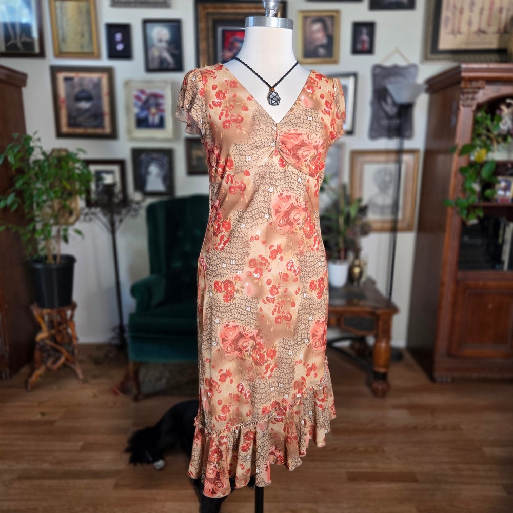 Vintage 90s DBY Floral Print V-Neck Ruffle Hem Midi Dress Orange Tan Womens - Picture 2 of 7